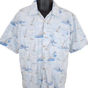 Vintage Sailing Camp Shirt Mens Size Large Blue All Over Print Route 66 Yacht